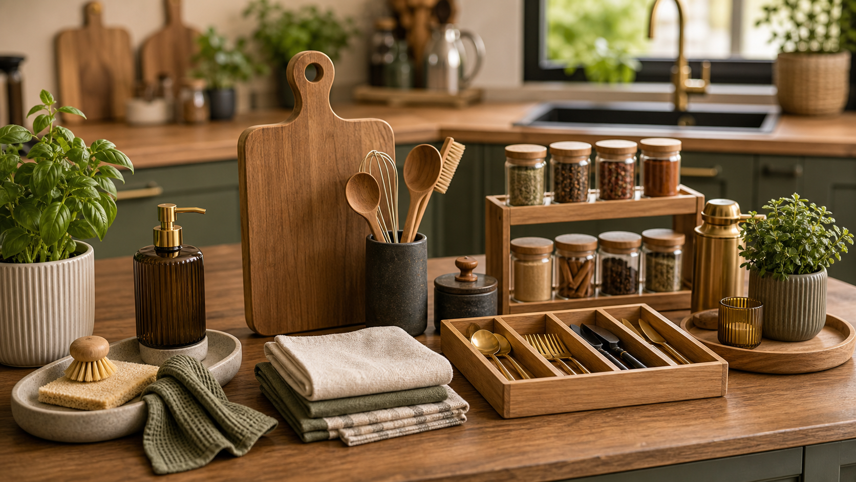 Selectie van praktische keukenaccessoires op een warm keukenblad