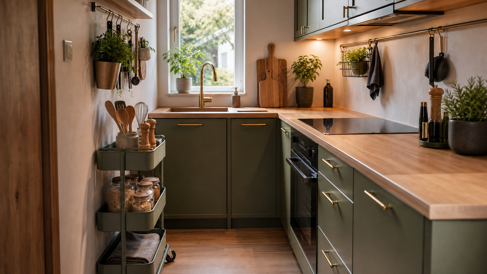 Kleine keuken slim georganiseerd met trolley en verticale opbergruimte