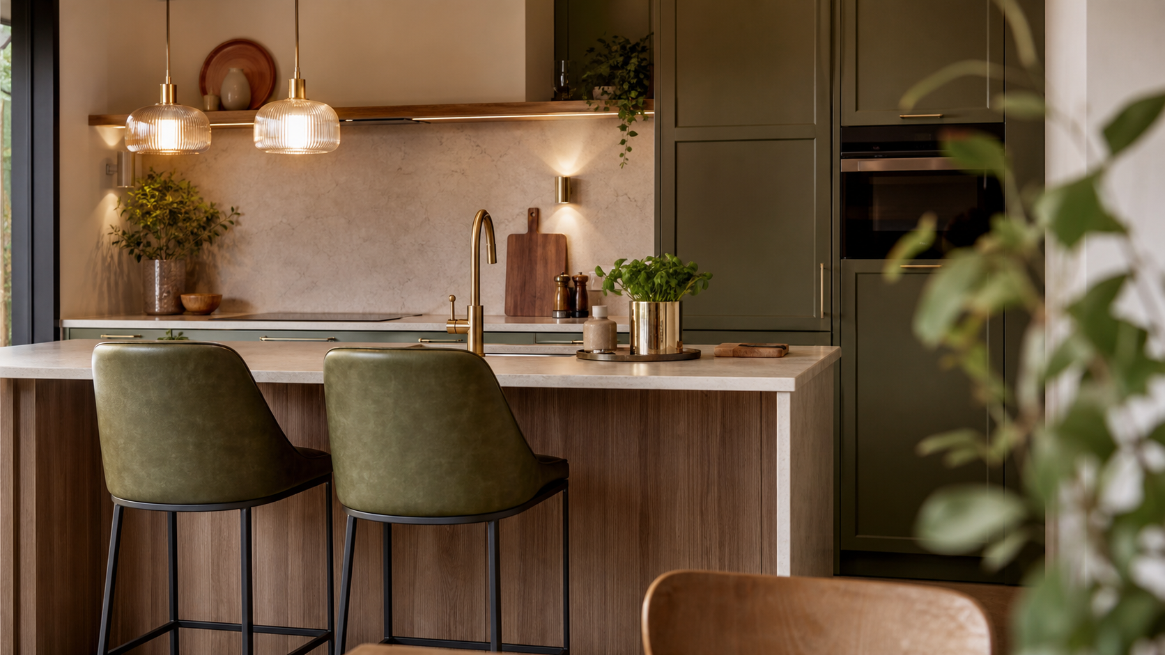 Kookeiland met barkrukken verlichting en praktische accessoires